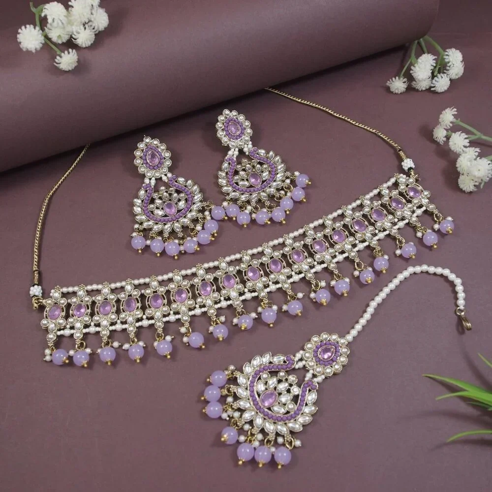 Gold Plated Indian Wedding Jewelry Set Pearl Kundan Choker Earrings Maang Tikka